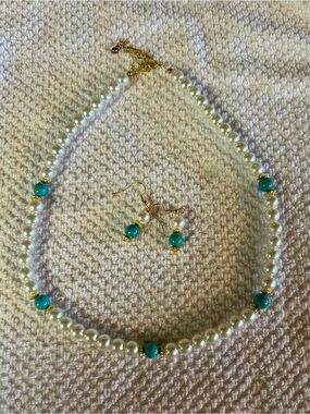 Pearl Necklace with Turquoise Bead Accents and Matching Earrings